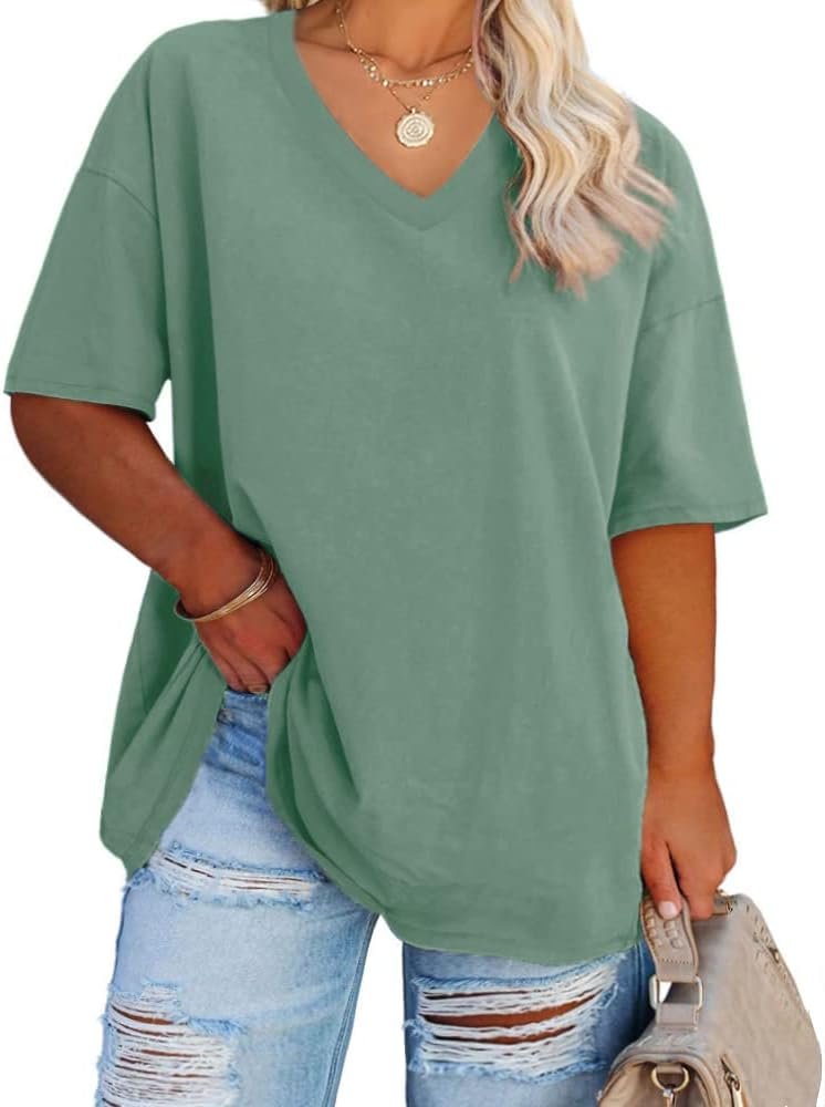 Women’s Plus Size V Neck T Shirts Summer Half Sleeve Tees Casual Loose Fit Cotton Tunic Tops