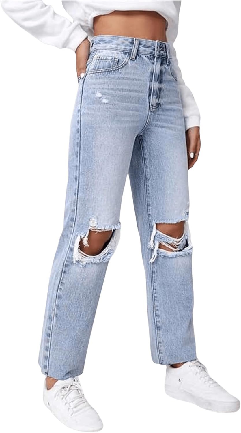 SweatyRocks Women’s High Waist Ripped Distressed Cropped Jeans Straight Leg Denim Pants