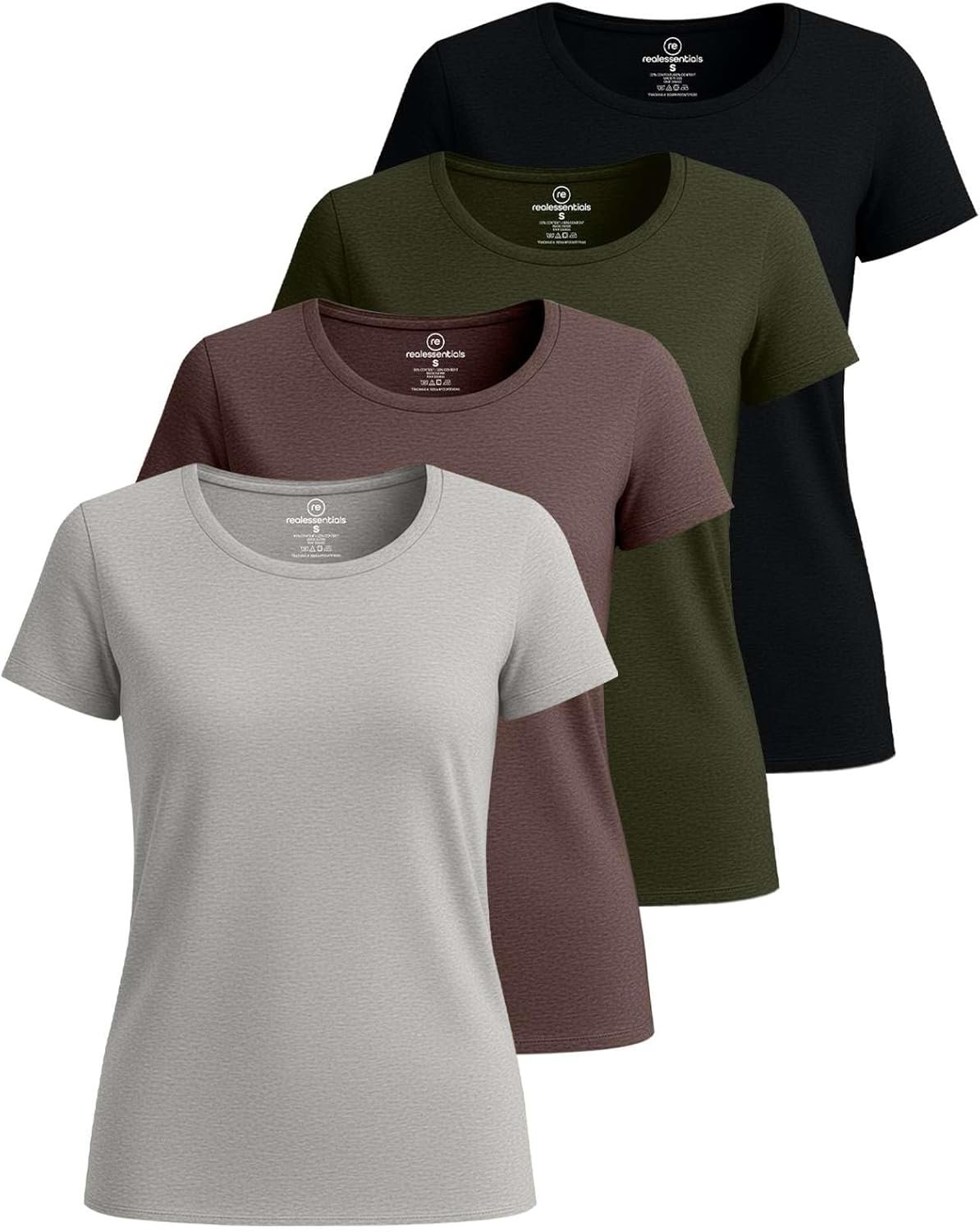 Real Essentials 4 Pack: Women’s Cotton Short Sleeve T-Shirt – Casual Scoop Crew Neck Tops Tee (Available in Plus Size)