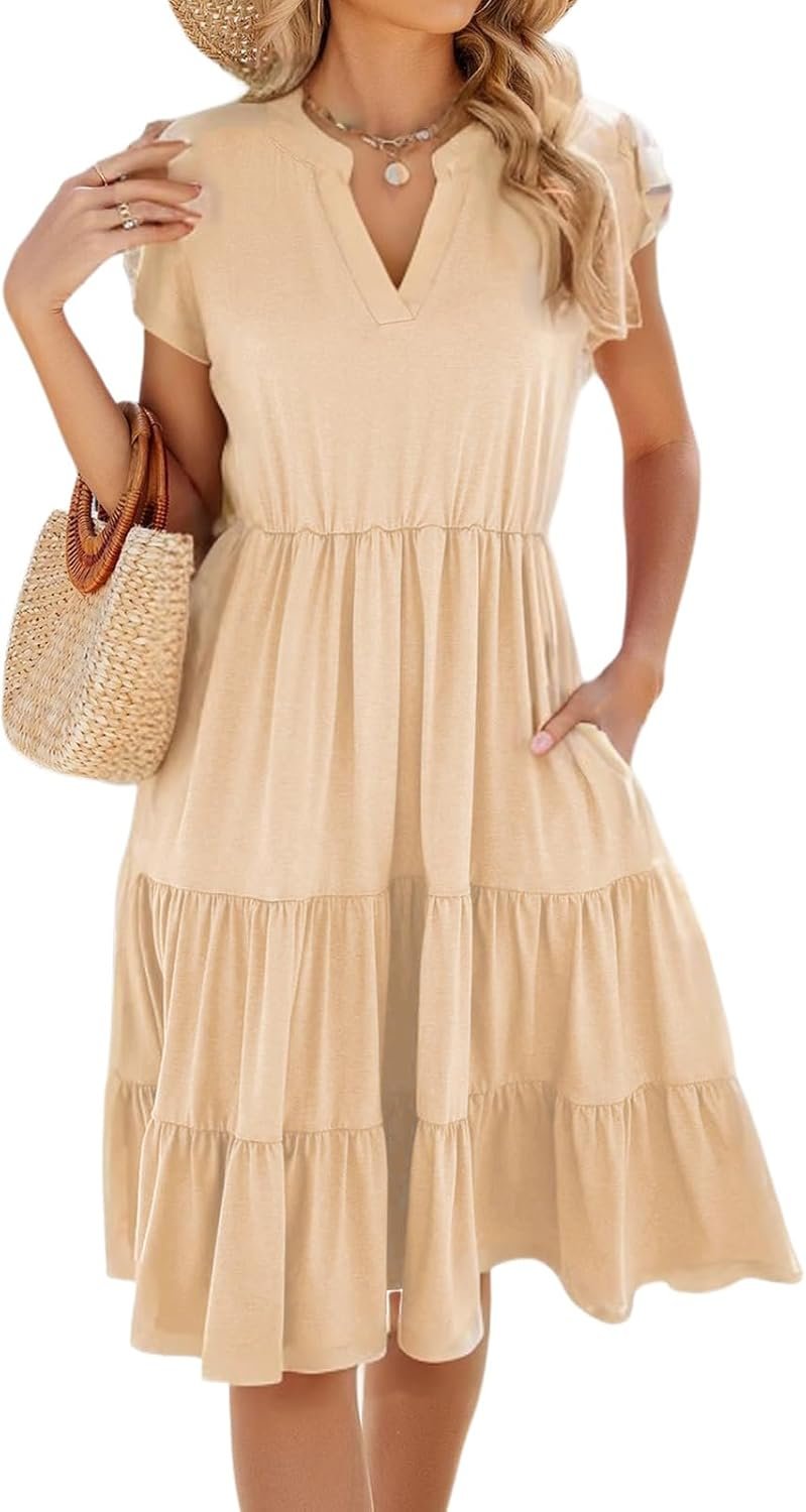 Womens Summer Dress Ruffle Sleeve V Neck Midi Dresses Casual Fit Flowy Tiered Boho Beach Vacation Sundress