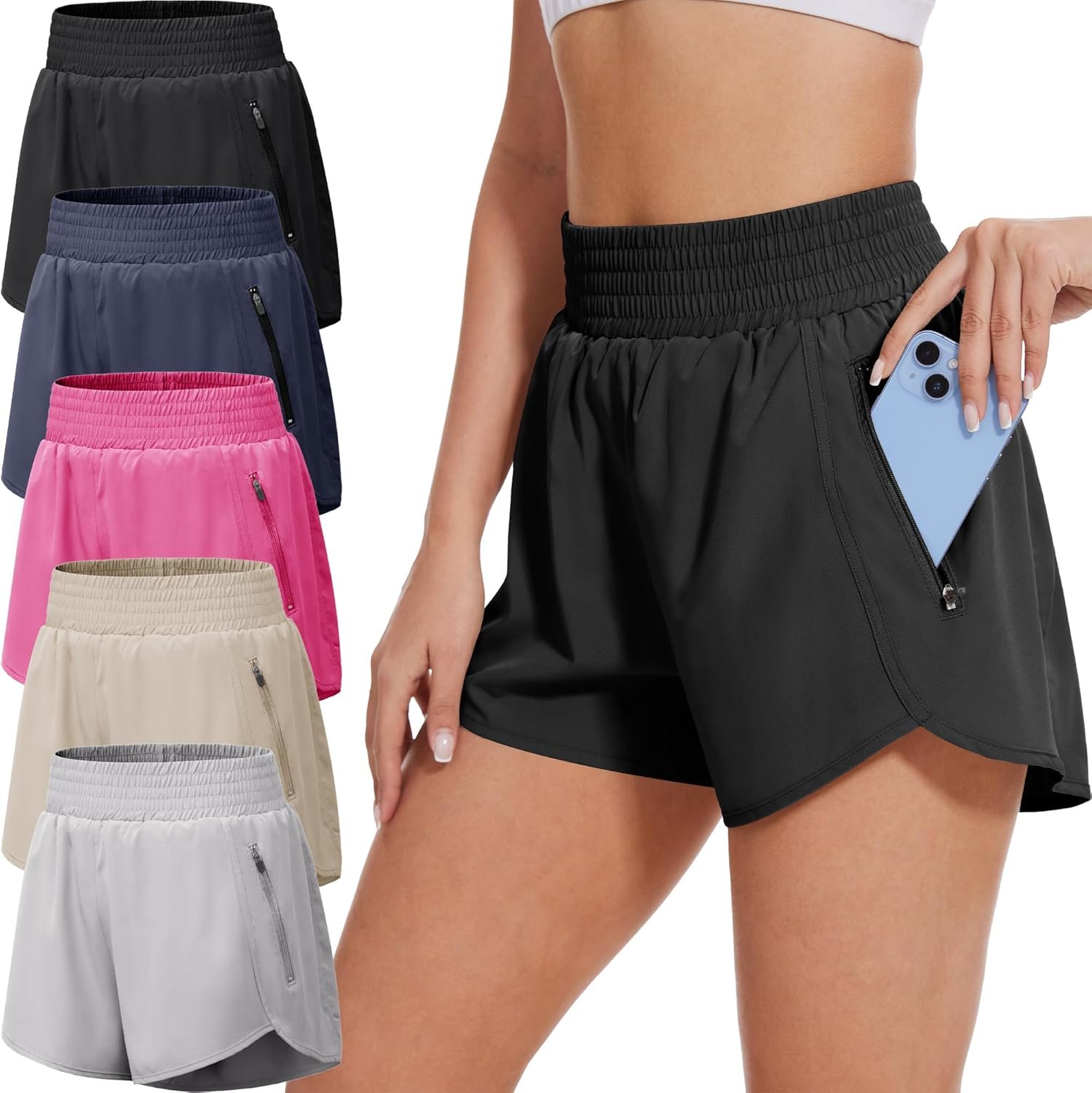 BALENNZ Women’s Athletic Workout Shorts with Zipper Pockets Activewear Elastic Waist Gym Running Shorts