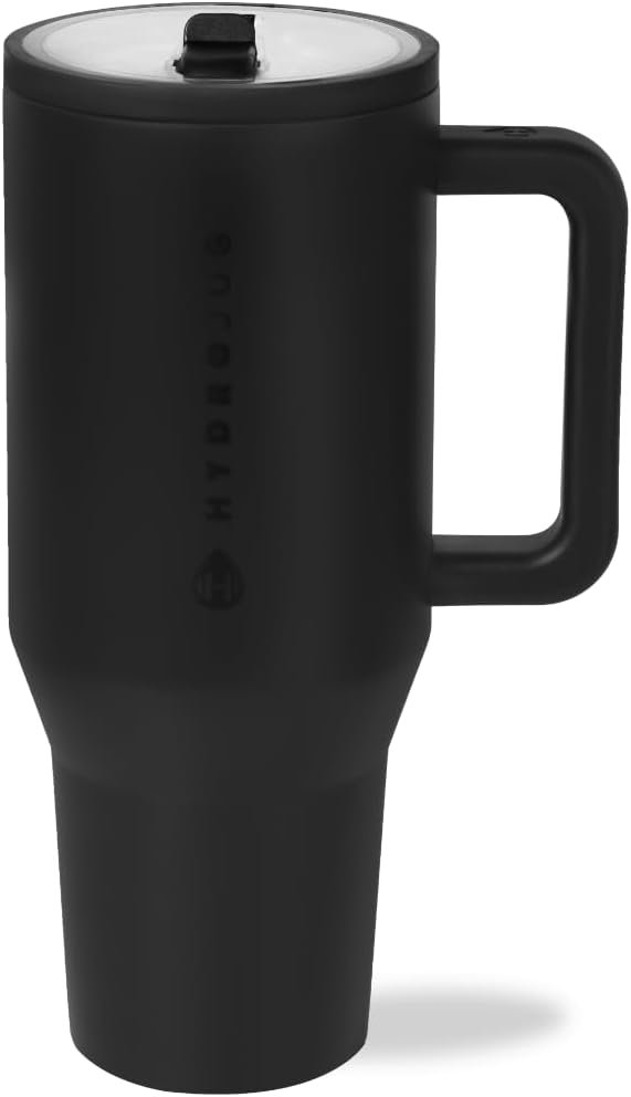 HydroJug Traveler – 40 oz Water Bottle with Handle & Flip Straw – Fits in Cup Holder, Leak Resistant Tumbler-Reusable Insulated Stainless Steel & Rubber Base – Gifts for Women & Men, Black