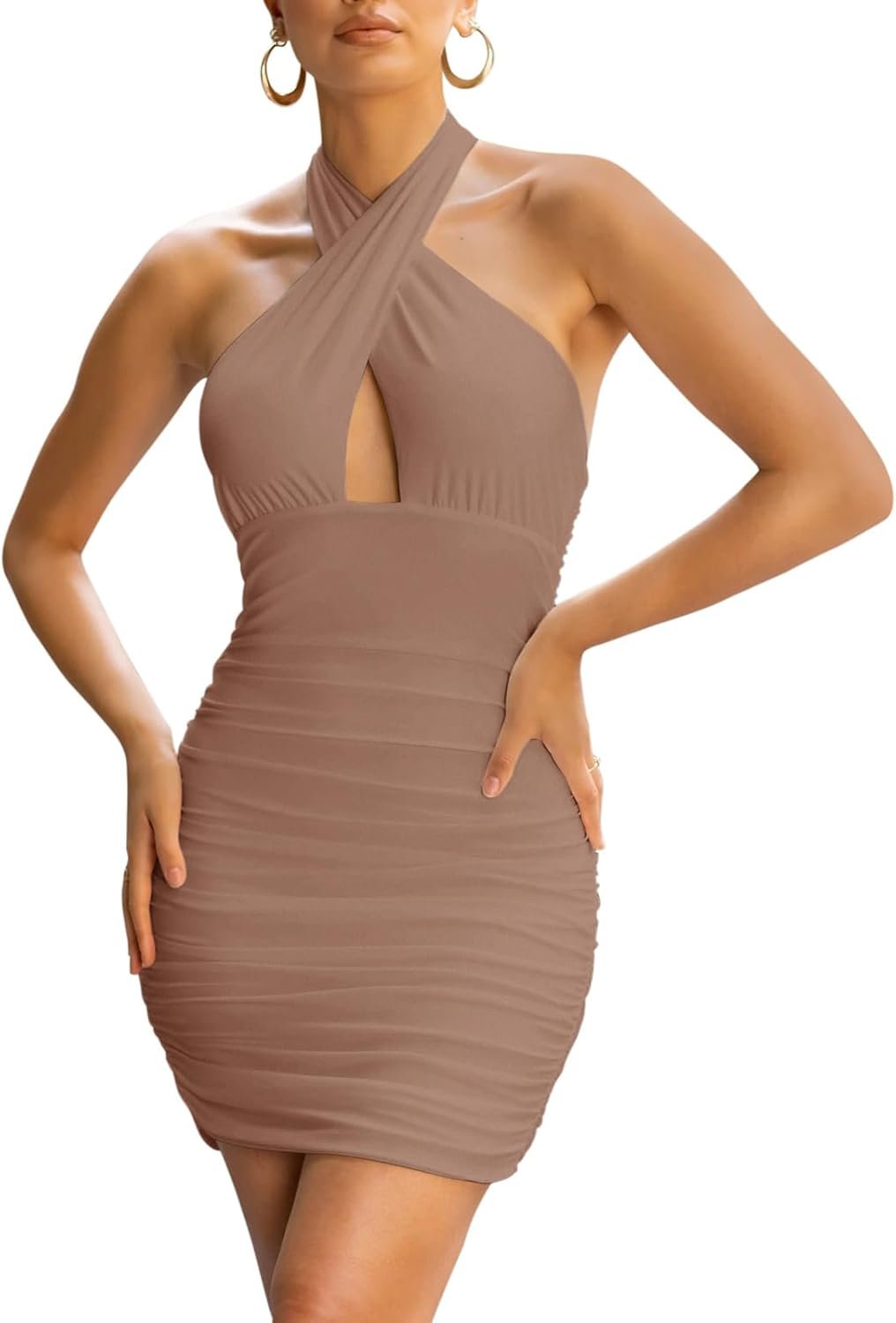 REORIA Women’s Sexy Mini Dress Halter Sleeveless Backless Bodycon Criss Cross Ruched Short Dresses Party Night Club Outfits