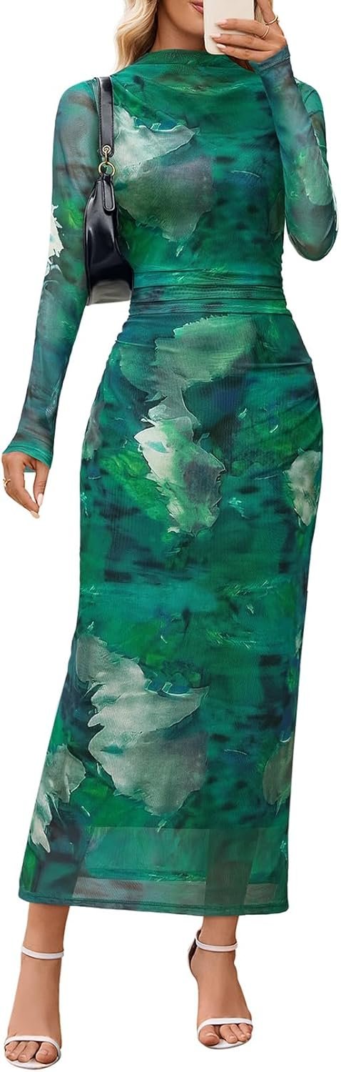 MEROKEETY Women’s Spring Wedding Guest Dress 2026 Long Sleeve Bodycon Floral Mesh Fall Cocktail Holiday Party Maxi Dresses