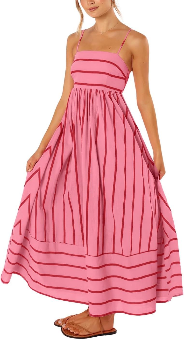 chouyatou Women’s Striped Back Smocked Maxi Dress Sexy Spaghetti Strap Cut Out Flowy Swing Long Dress