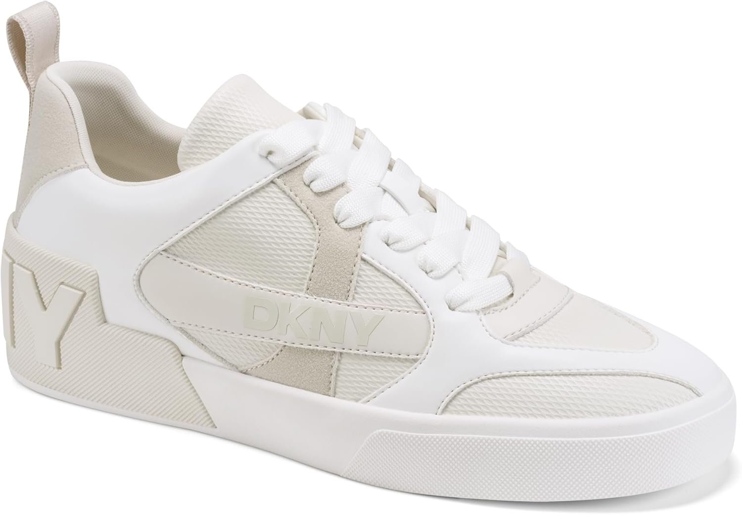 DKNY Women’s Magdelena Lace Up Sneaker with Logo, Soft White/White, 11