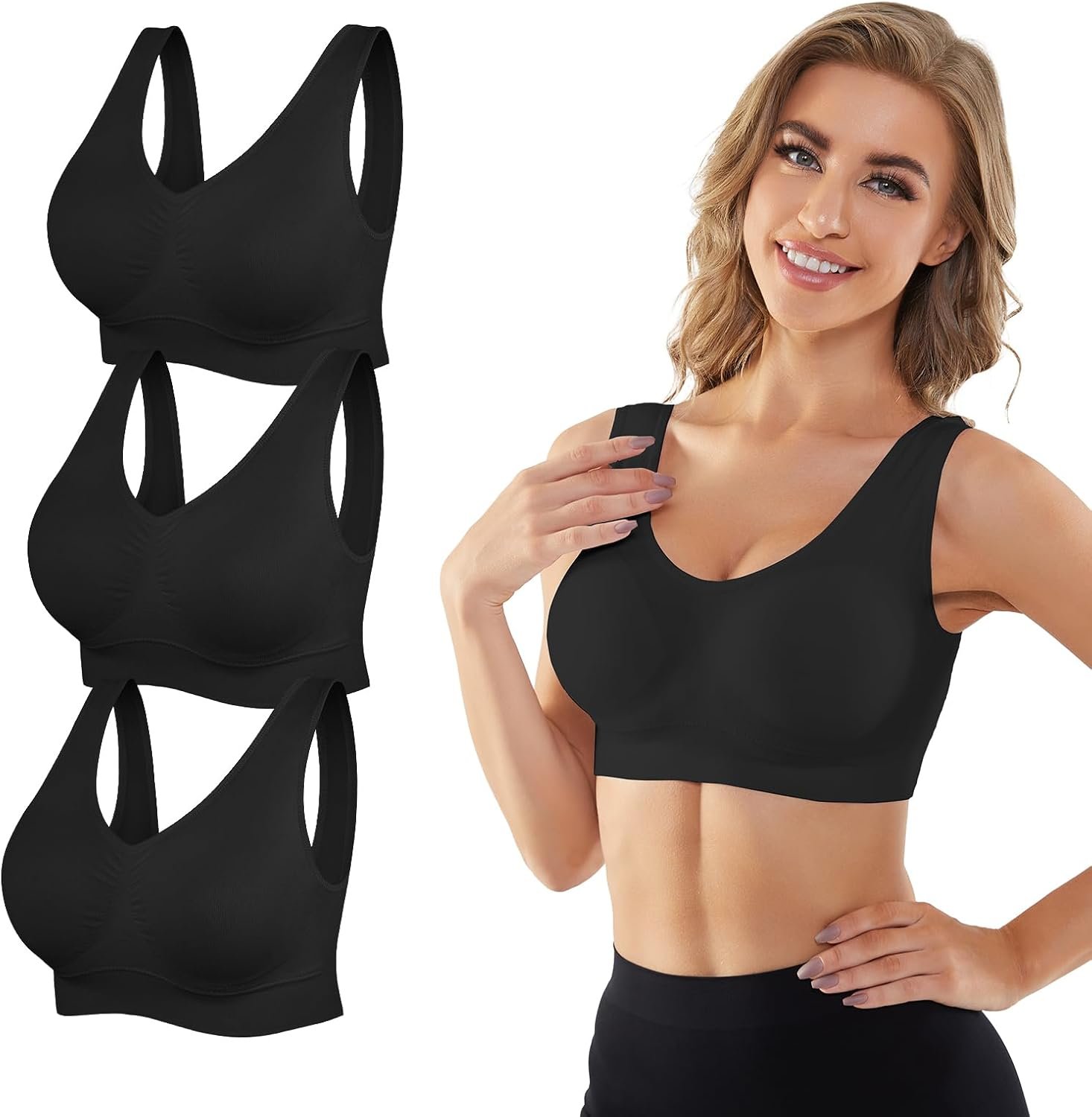YADIFEN Womens Sports Bras, 3/4/6 Pack Wireless Comfortable Seamless Sleep Yoga Sports Bras for Women with Removable Pads