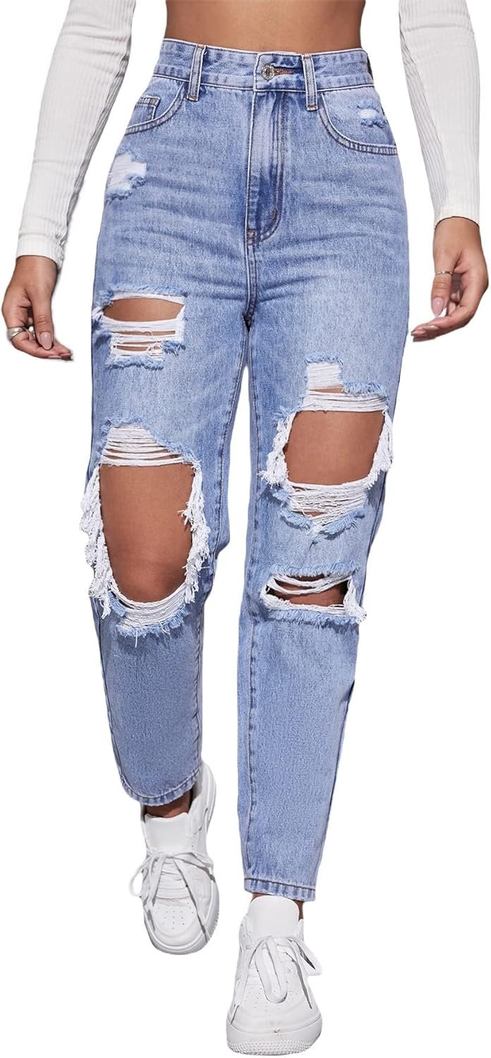 Floerns Women’s Ripped High Waist Boyfriend Jeans Distressed Stretchy Denim Pants