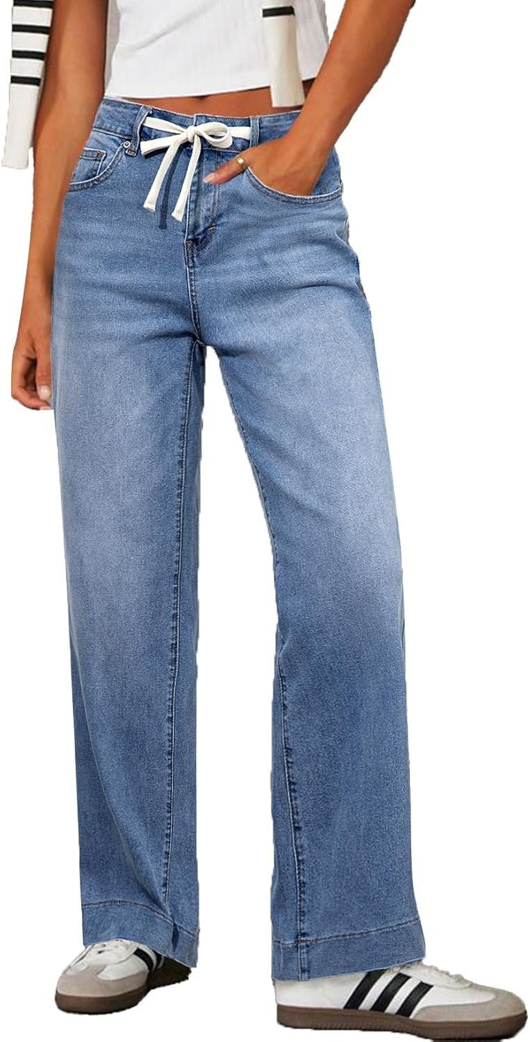 Sidefeel Women’s Wide Leg Jeans High Waisted Stretchy Straight Leg Baggy Drawstring Zimbaplatinum Denim Pants