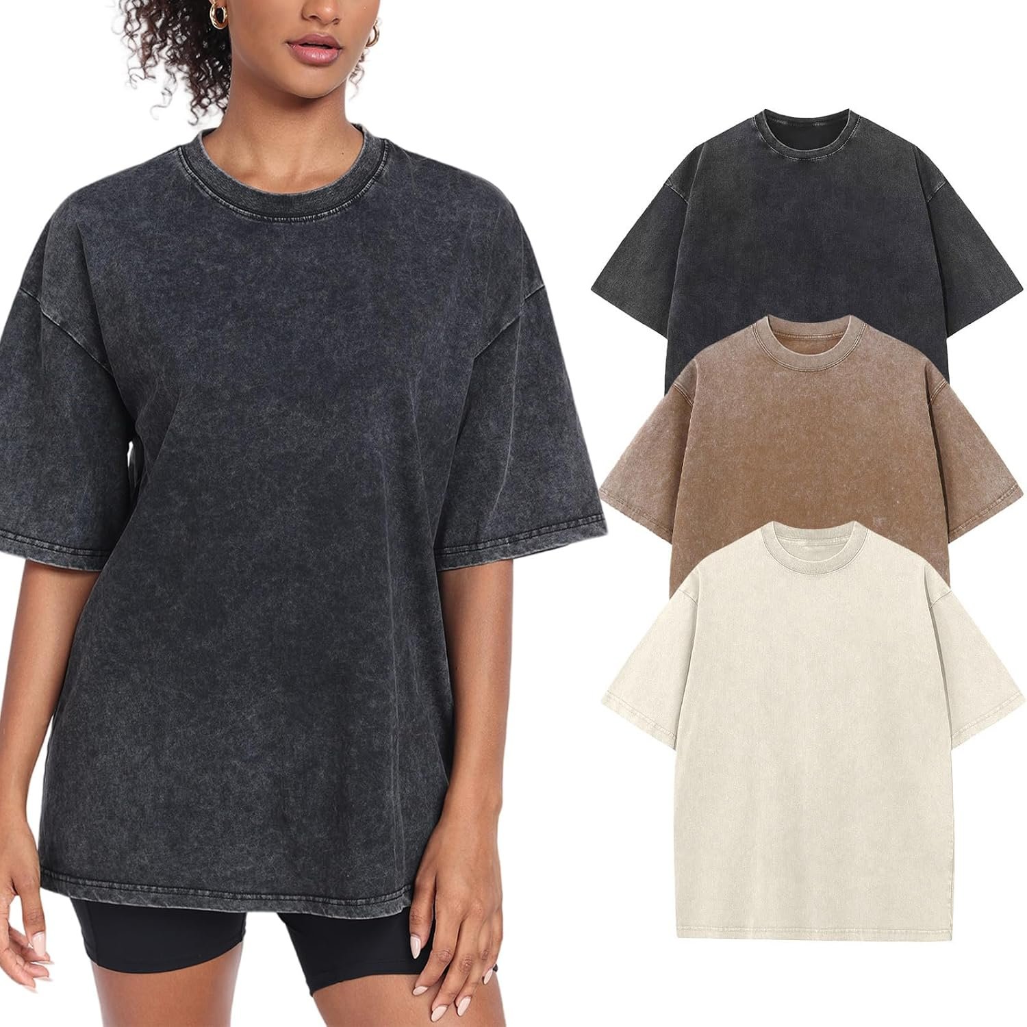 Womens Washed Vintage Oversized T-Shirt Baggy Workout Tops Short Sleeve Cotton Tshirts Streetwear Boyfriend Tee