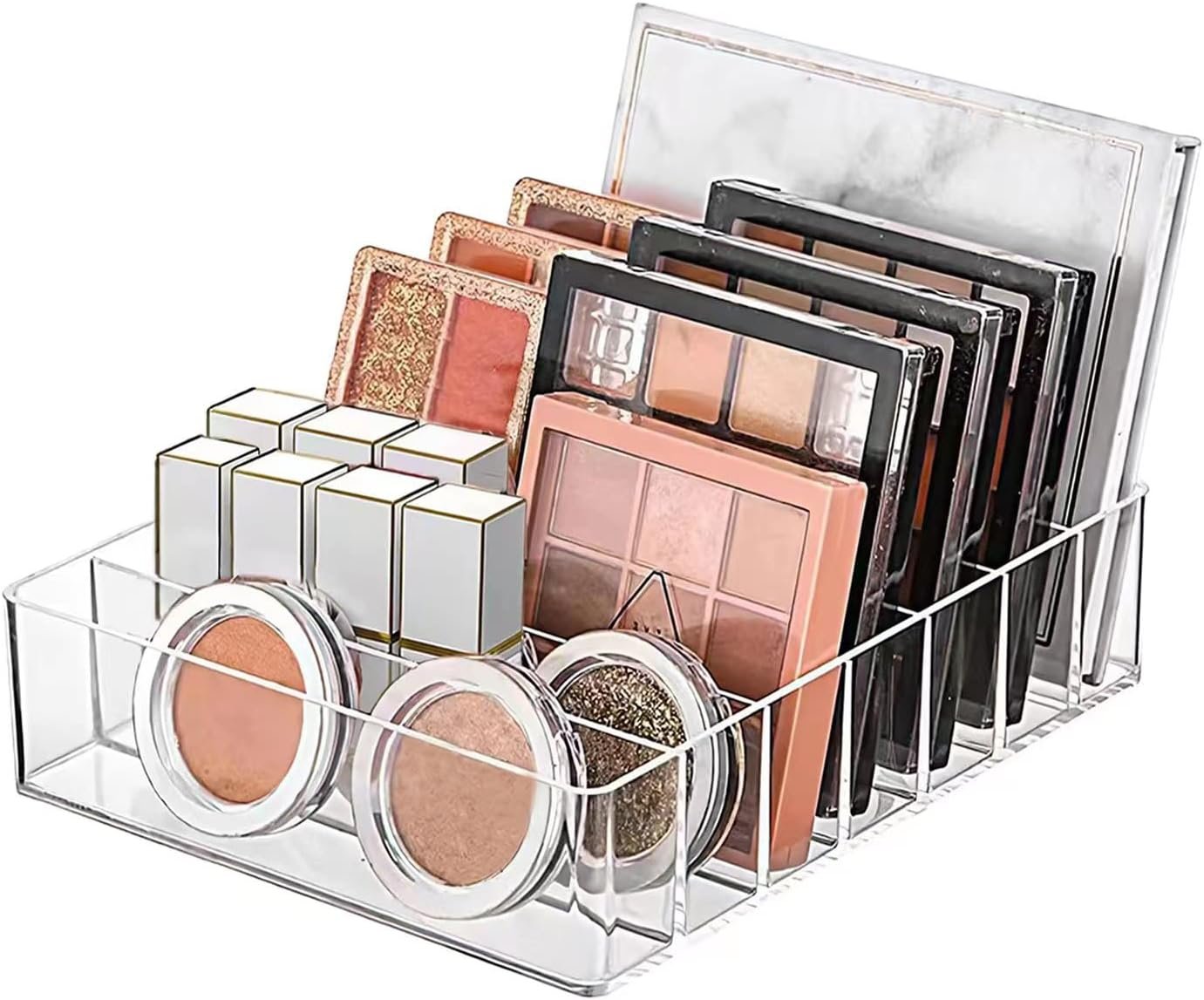 Makeup Organizer for Eyeshadow Palette and Lipstick Organizer, 7 Section Divided Makeup Palette Organizer for Vanity Drawer Countertop Modern Cosmetics Storage(7.48″ x 6.22″ x 1.77″)
