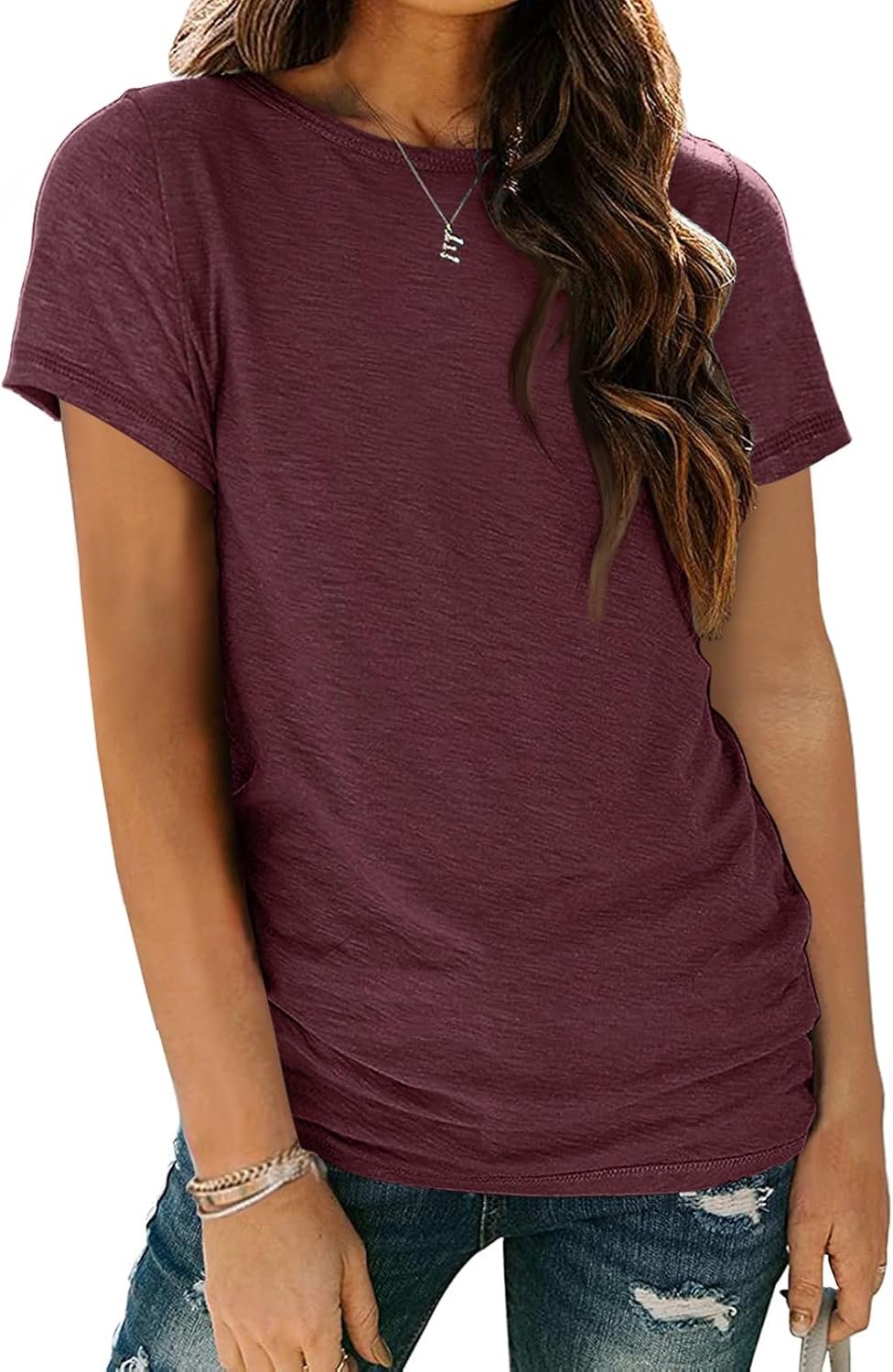 AUTOMET Women’s Soft Basic Short Sleeve T-Shirt, Round Neck Top Casual Tee for Spring Summer Daily Wear