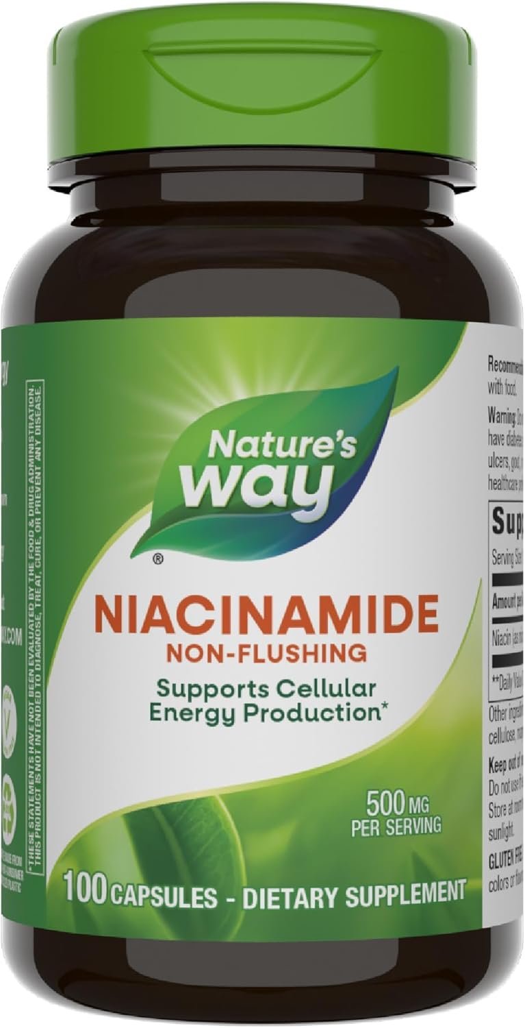 Nature’s Way Niacinamide, Non-Flushing Vitamin B3, Supports Cellular Energy*, 500 mg per Serving, 100 Capsules (Packaging May Vary)