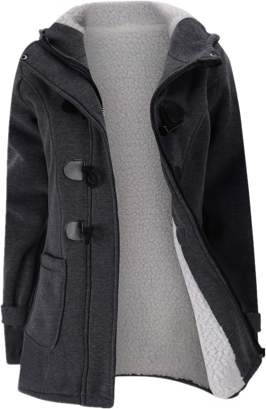 JiangWu Womens Fashion Horn Button Fleece Thicken Coat with Hood Winter Warm Jacket