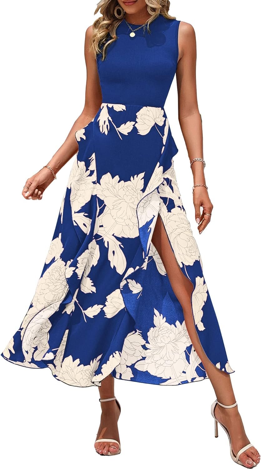BTFBM Women Casual Sleeveless Summer Dresses 2026 Spring Crewneck Patchwork Boho Floral Ruffle Cocktail Party Midi Dress