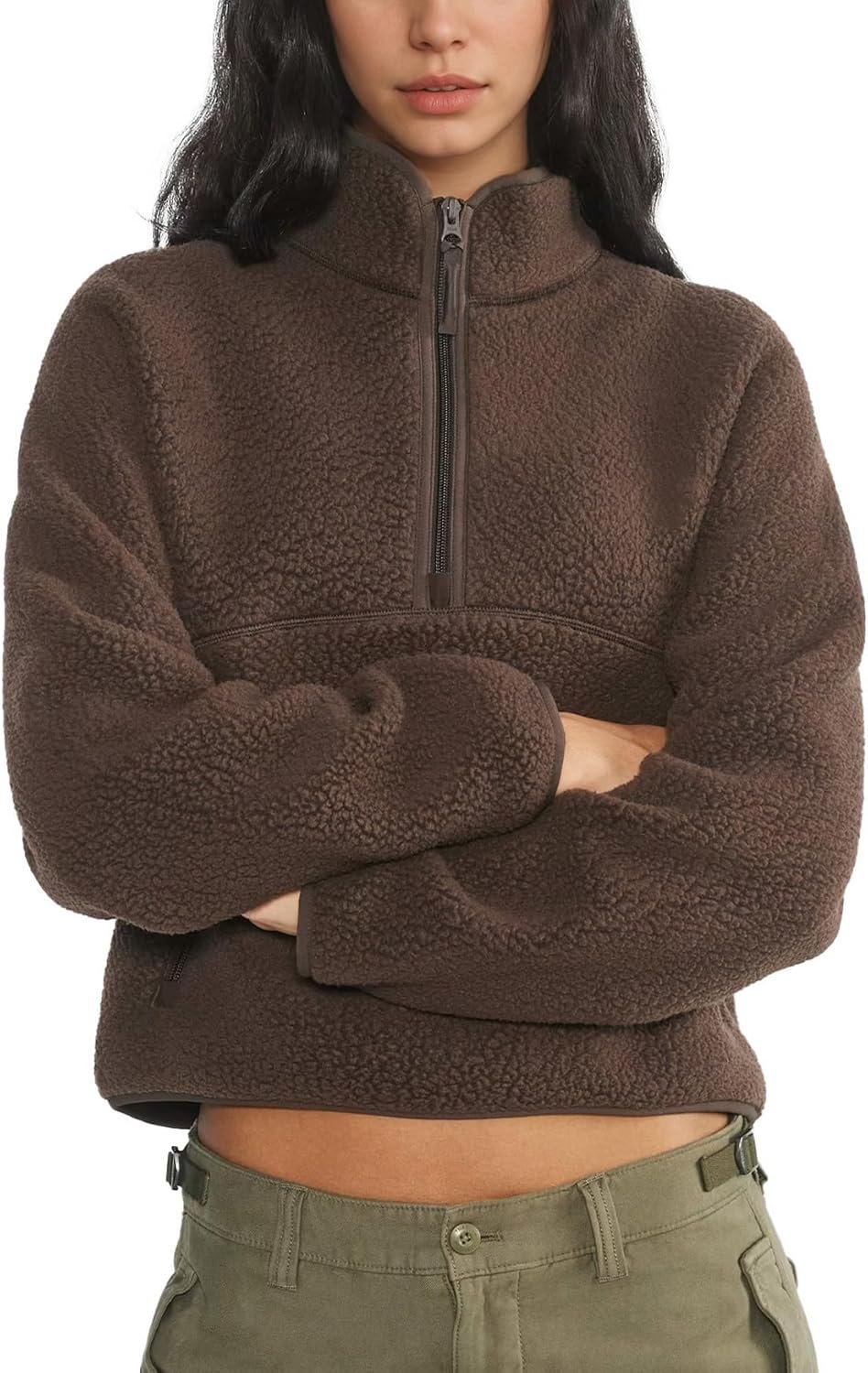 Womens Fleece Sweatshirts Cropped Half Zip Fuzzy Warm Sherpa Pullover Varsity Jackets with Zipper Pockets