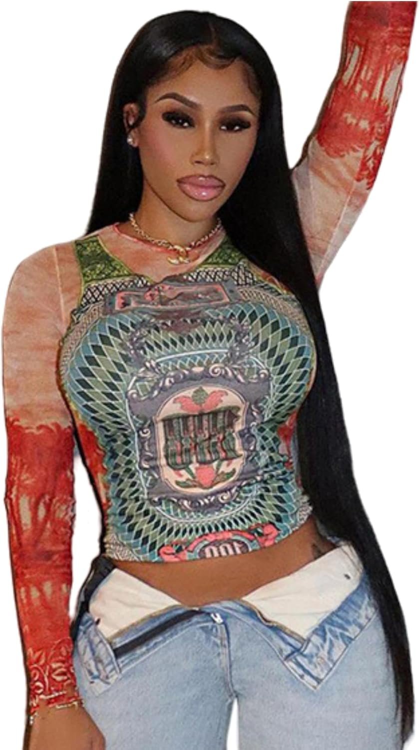 Women’s Sexy Mesh See Through T Shirt Fashion Money Print Long Sleeve Crop Top Slim Tee Tops