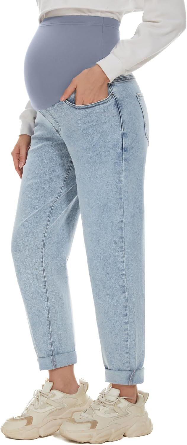 POSHGLAM Women’s Maternity Jeans Over Belly Comfy Stretch 28” Boyfriend Jeans Loose Pregnancy Pants, S-XXL