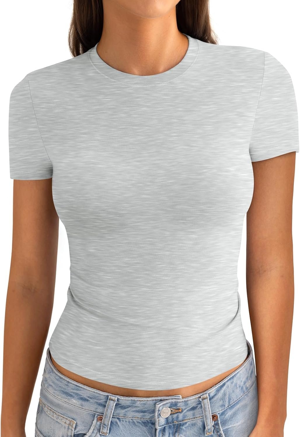 Womens Cotton Crew Neck Short Sleeve Shirts Summer Top Trendy Fitted Crop Tops Basic Going Out Tee