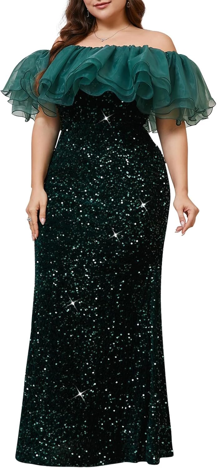Sequin Formal Dress for Women – Sparkly Cold Shoulder Gown with Straps for Wedding Guest or Prom