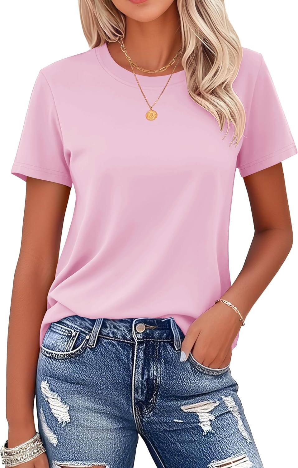 MAGCOMSEN Women’s Cotton T-Shirts Short-Sleeve Shirts Crew-Neck Tops Classic-Fit Breathable Casual Summer Tees