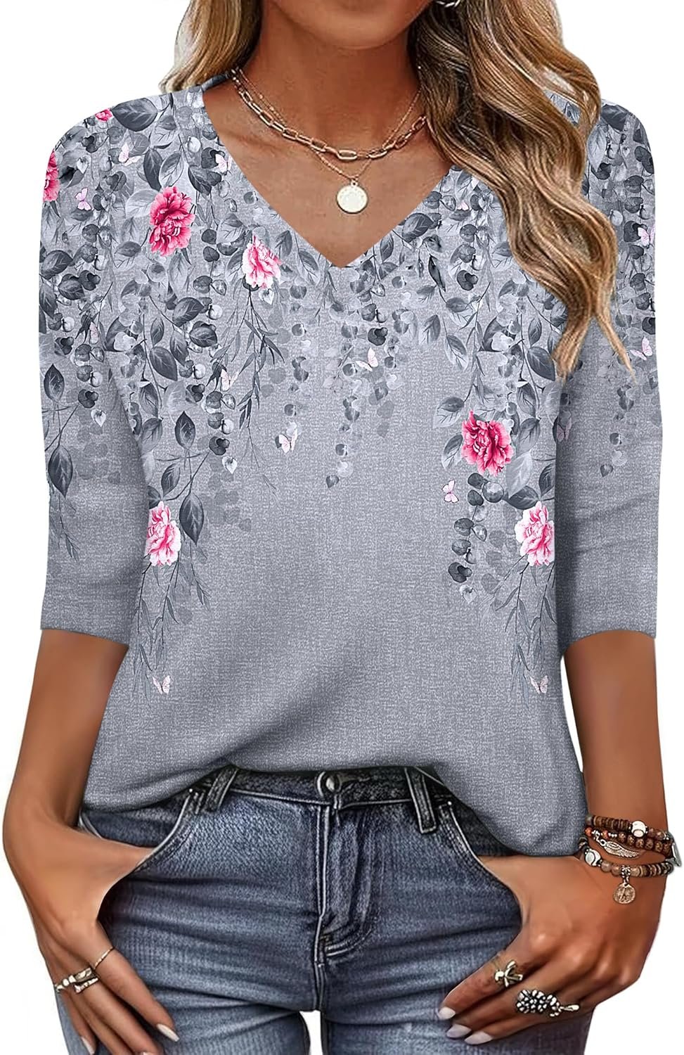 Zeagoo Womens 3/4 Length Sleeve Tunic Tops Casual V Neck Shirts Basic Tees Business Work Blouses Summer Fall 2025 Clothes