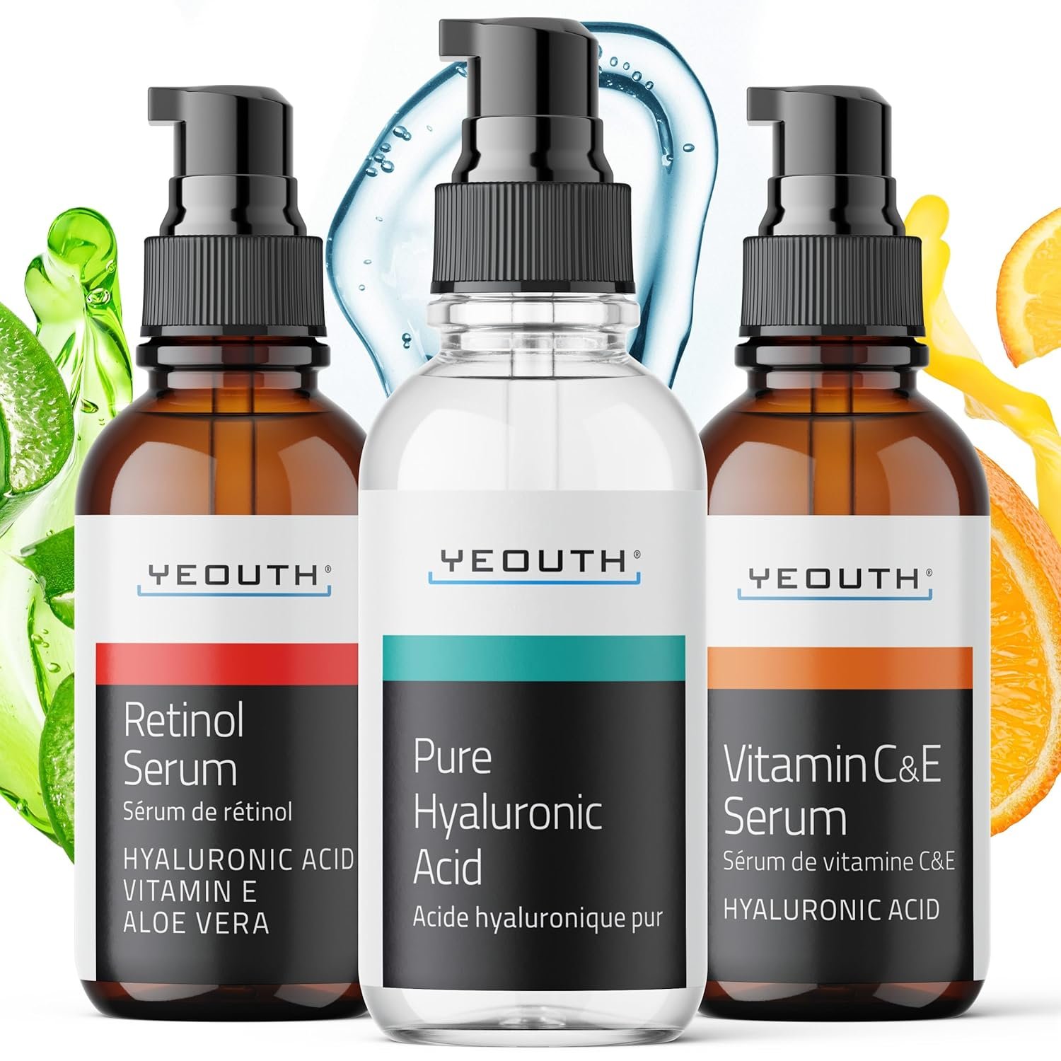 YEOUTH Skin Care Set: Retinol Serum for Face, Vitamin C and Hyaluronic Acid Serum, Face Care Kit that Targets Appearance of Uneven Uneven Skin and Dryness 3×1 oz