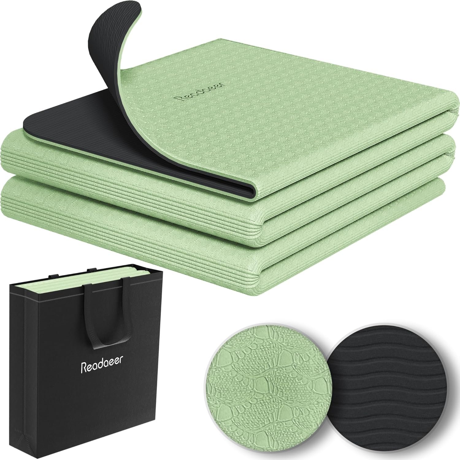 Readaeer Foldable Yoga Mat for Travel Folding Yoga Mat 6mm Thick with Carrying Bag, Non-Slip TPE Exercise Pilates Mat for 72″ L x 24″ W x 0.24 Inch