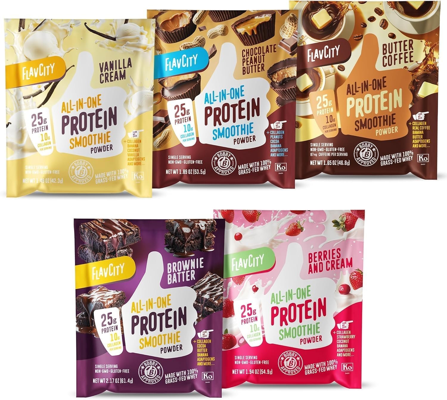 FlavCity Grass Fed Whey Protein Powder – Variety Pack – 25g Protein & 10g Collagen – 5 Single Serve Packets – Made with Organic Reishi & Cordyceps – Gluten Free & No Added Sugars