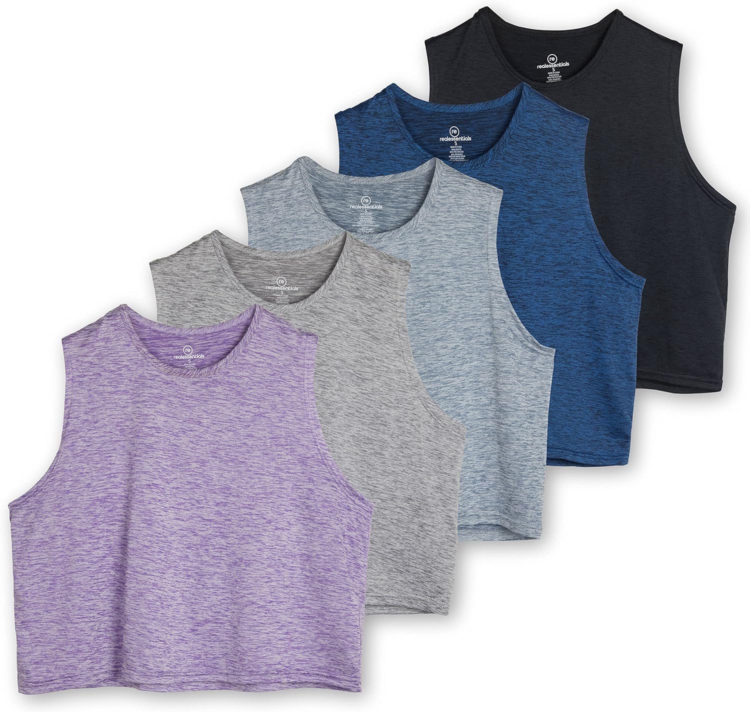 Real Essentials 5 Pack: Women’s Dry Fit Crop Summer Tank Top – Gym Yoga Workout Sports Tee (Available in Plus Size)