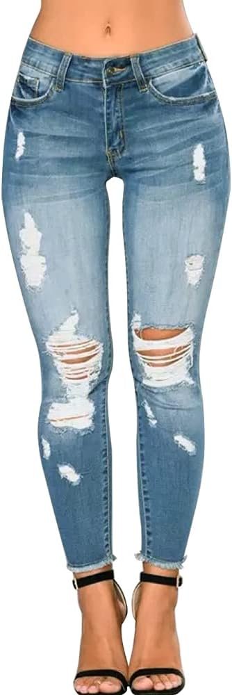 Women Skinny Ripped Jeans Stretch Distressed Destroyed Denim Pants