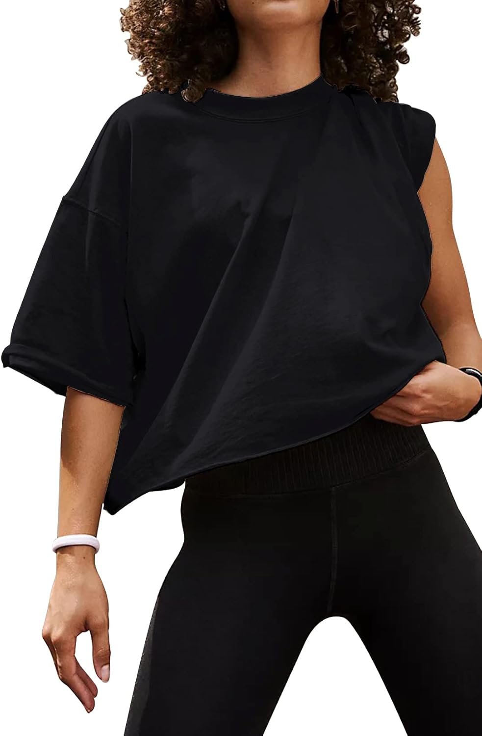 Women’s Oversize Workout Crop Tops Casual Short Sleeve Drop Shoulder Boxy T-Shirts Roll Hem Basic Loose Yoga Running Tees