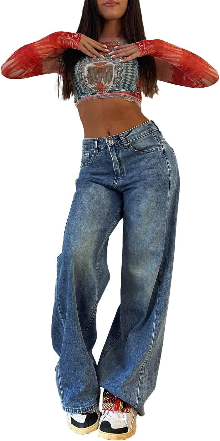 EMMIOL Wide Leg Jeans for Women, Mid Rise Baggy Jeans Plus Size Boyfriends Denim Pants, Y2K Vintage Style