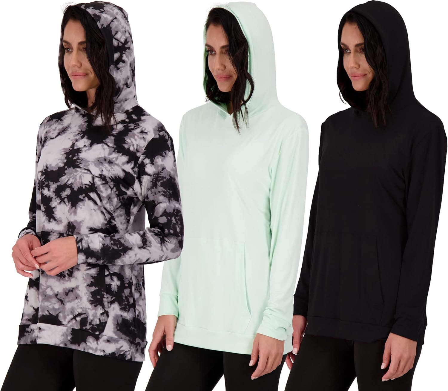 Real Essentials 3 Pack: Women’s Dry Fit Long-Sleeve Hoodie Pullover Sweatshirt Pocket – Active Lounge (Available In Plus)