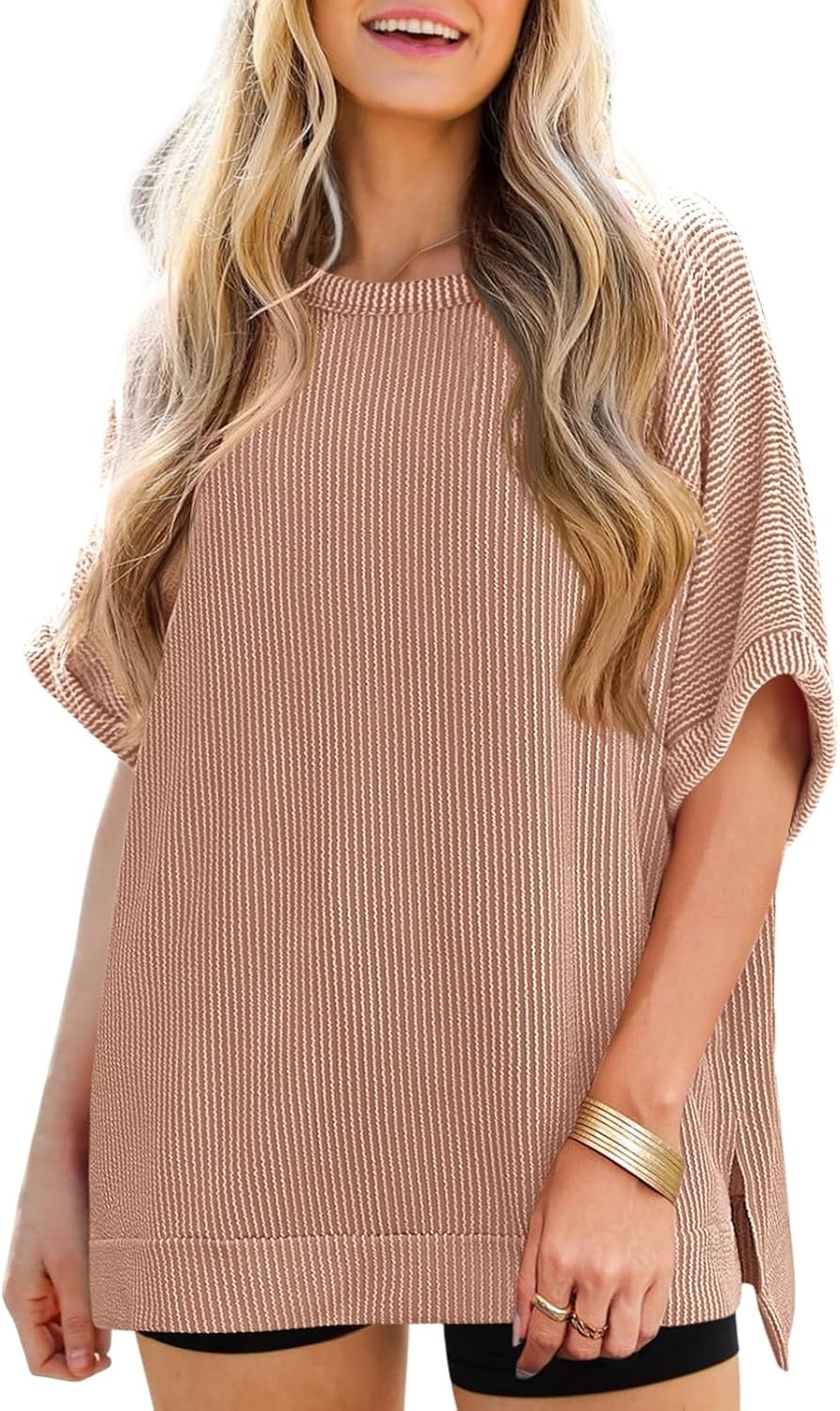 Tankaneo Womens Oversized T Shirts Summer Casual Ribbed Batwing Short Sleeve Tunic Tops Loose Fit Dolman Sleeve Tees