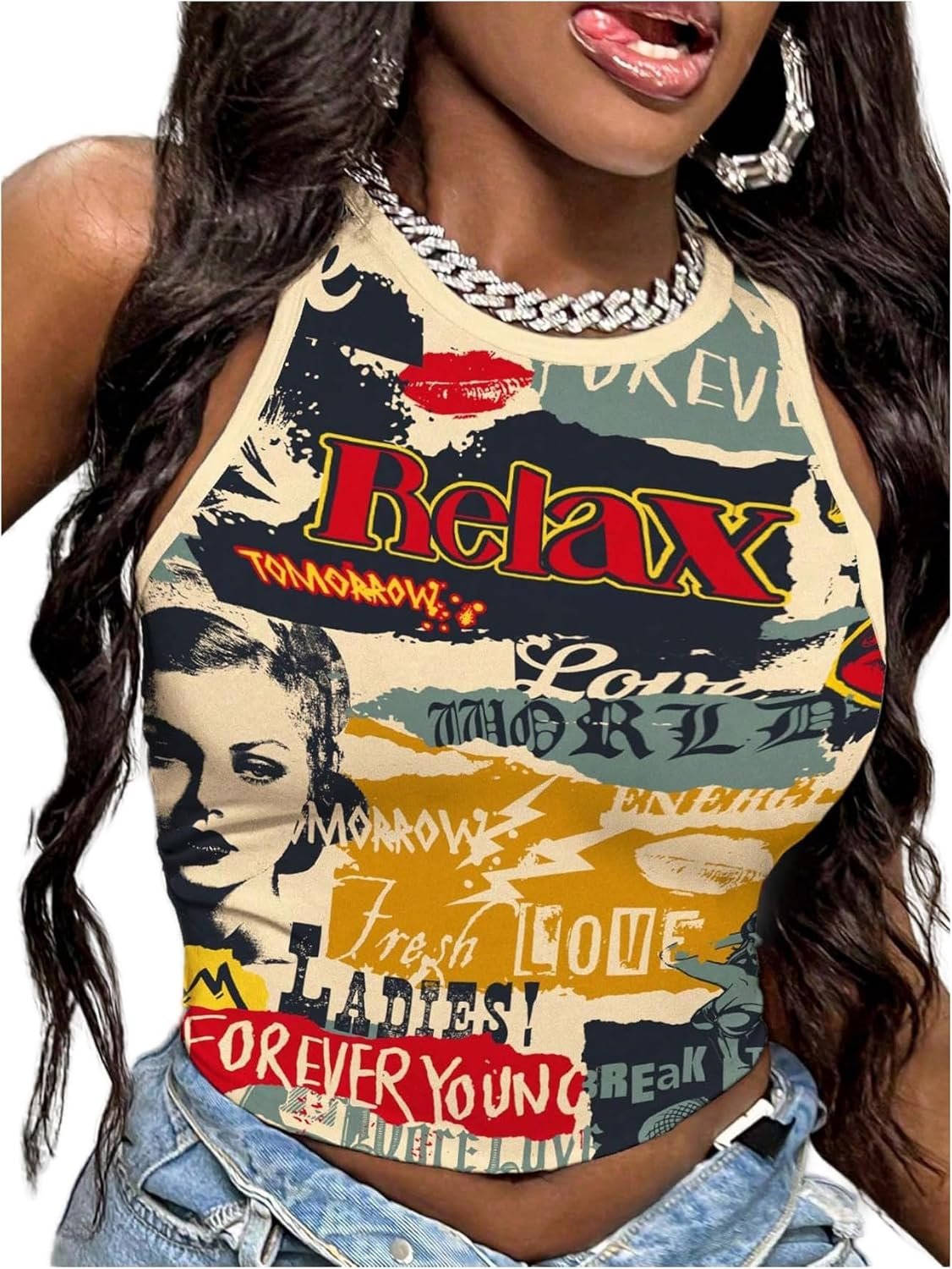 SOLY HUX Women’s Y2k Tops Vintage Graphic Tank Top Sleeveless Tight Fitted Shirt Summer Concert Rave Outfits Beige Graphic Large