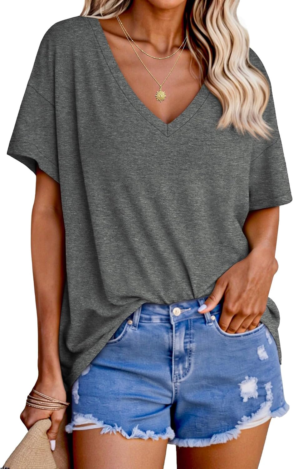 Tankaneo Womens Oversized Tshirts V Neck Short Sleeve Tops Summer Casual Loose Fit Tunic Tee Shirts